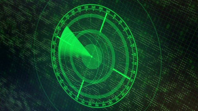 Radar transmitting electromagnetic waves to detect targets, defense system. Radar screen showing scan results