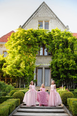Beautiful girls in amazing dress outdoor. Children bridesmaids