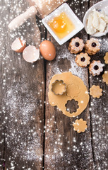 Christmas cookies, sweets on wooden table. Holiday roast. Celebration background.