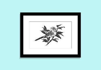 Frame on Wall with Picture Bird on Branch. Engraving Linocut Style