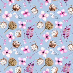 Seamless pattern with watercolor cotton flowers, pink florals and lotus boxes, hand painted on a blue background