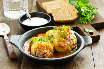 Stuffed pepper with rice and meat.