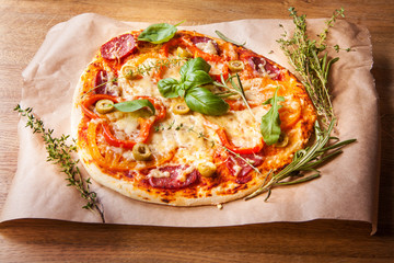 Delicious fresh pizza on dark