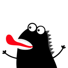 Cute black silhouette monster face icon. Happy Halloween. Cartoon colorful scary funny character. Eyes, mouth showing tongue. Funny baby collection. White background Flat design.