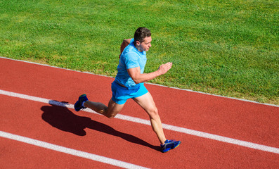 Sport lifestyle and health concept. Man athlete run to achieve great result. How run faster. Speed training guide. List ways to improve running speed. Athlete runner sporty shape in motion