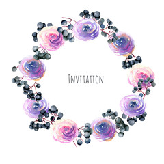 Wreath, frame border with watercolor pink, purple roses and elderberry branches, hand painted on a white background, greeting card template, decoration postcard, wedding invitation