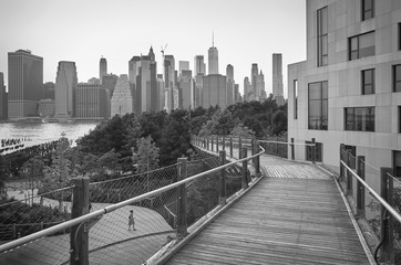 Black and white view of Manhattan seen from Brooklyn, New York City, USA.