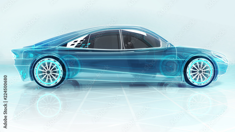 Fototapete technological study of new progressive car in side view, 3d conceptual rendering, my own car design