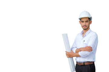 Full length of confident young bussinessman architect on white background