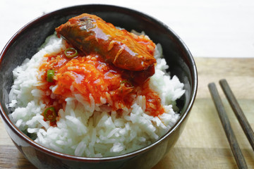 Rice with tomato sauce Top view and empty space
