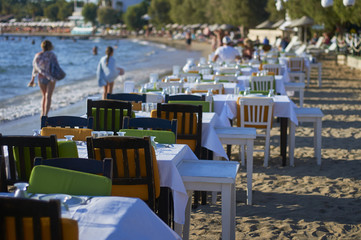 Cafe near the seashore. The coast of the Aegean Sea. Turgusreis, Bodrum, Turkey