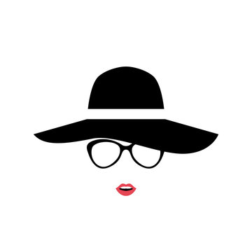 Portrait of Lady in stylish hat and glasses. Women icon isolated on white background. Vector illustration.