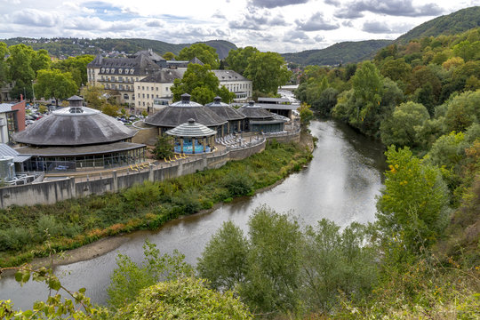 BAD KREUZNACH, Germany, Rhineland-Palatinate, 2018 09 26: Crucenia Thermen seen from Panaramaweg hiking trail.