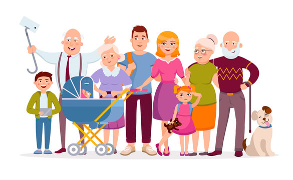 Big family standing together as a family portrait cartoon characters in vector flat design. Mother, father, children, baby, grandparents, pet, huge set of cartoon people adult and young isolated.