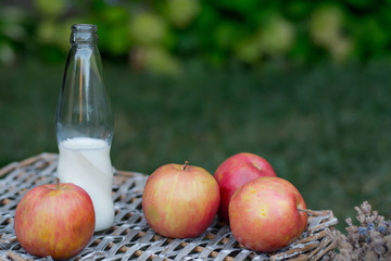  Picnic in nature. A bottle of milk and croissants lie on the basket. On a green background fruit and croissant