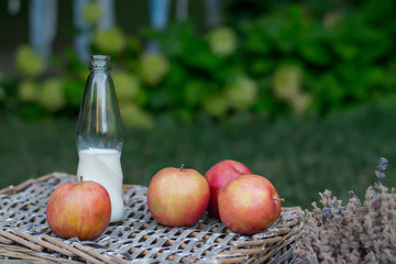  Picnic in nature. A bottle of milk and croissants lie on the basket. On a green background fruit and croissant