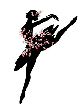 beautiful ballerina girl among blooming cherry tree branches - ballet dancer vector silhouette