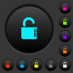 Unlocked combination lock with side numbers dark push buttons with color icons