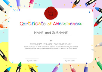 Kids Diploma or certificate template with painting stuff border