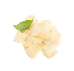 Pile of parmesan cheese flakes and crumbs isolated
