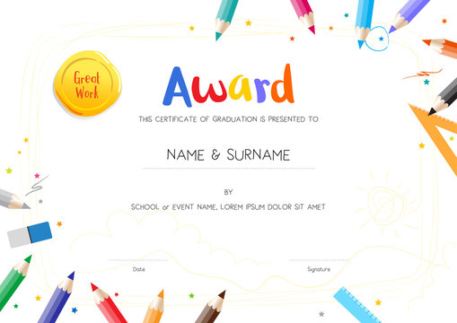 Kids Diploma or certificate template with painting stuff border