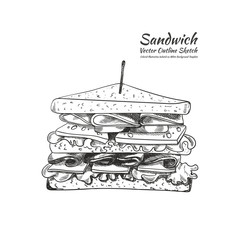 Vector Outline Drawing, a Sandwich with a Toothpick Isolated on White Background, Illustration.