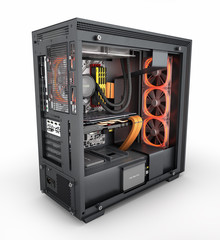 Open computer with red lighting effects and water cooled cooling system on white background 3d render © kv_san