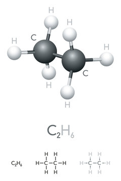 Ethane, C2H6, molecule model and chemical formula. Organic chemical compound. Colorless gas. Ball-and-stick model, geometric structure and structural formula. Illustration on white background. Vector.