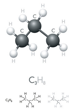 Propane, C3H8, molecule model and chemical formula. Organic chemical compound, used as liquefied petroleum gas. Ball-and-stick model, geometric structure and structural formula. Illustration. Vector.
