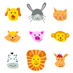 Cute baby animal faces: dog, rabbit, cat, fox, pig, monkey, zebra, lion, camel