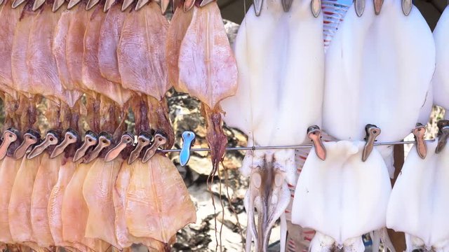 Dolly Shot of Dried squids hanging on rope with clip pinching at street food stalls in Thailand, selling at sea side road
