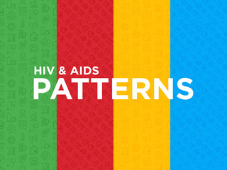 Four different HIV and AIDs seamless patterns with thin line icons: safe sex, blood transfusion, syringe, antiviral drugs, physical examination, AIDs ribbon, blood test. Modern vector illustration. - obrazy, fototapety, plakaty