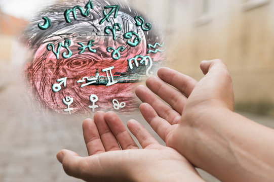 The world of astrology in hands and zodiac signs - Powered by Adobe