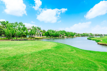 Green meadow and woods with apartment buildings scenery in summer