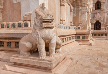 Bagan, Myanmar-December 15, 2015. Close up of lion statue of Ananda temple, the mythical leo-gryph of Myanmar, guardian of the temples on December 15, 2015 at Old Bagan archaeological zone in Myanmar.