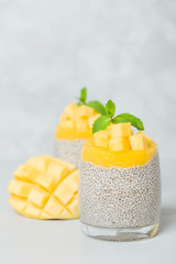 Chia seeds pudding with mango puree in beautiful glasses with green mint leaves and cut fresh ripe tropical fruit.