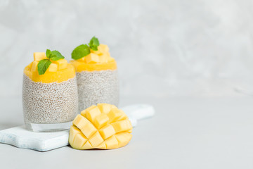 Chia seeds pudding with mango puree in beautiful glasses with green mint leaves and cut fresh ripe tropical fruit.