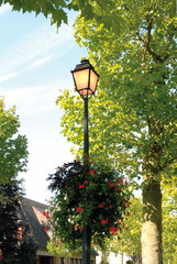 Ville de Verneuil-sur-Avre, éclairage urbain, réverbère et massif de fleurs rouges suspendues, département de l'Eure, Normandie, France