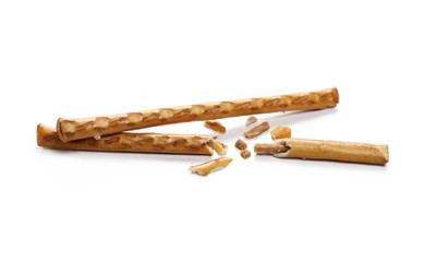 Salty cracker pretzel sticks isolated on white background