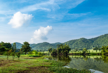 Fototapeta na wymiar The mountain and the sky in dam ,Supanburi Thailand.