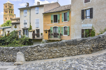 village Moustiers-Sainte-Marie, Provence, France, houses at stone bridge, member of most beautiful villages of France, department Alpes-de-Haute-Provence