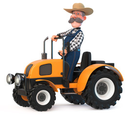 3d illustration the farmer rides on a big tractor/3d illustration cowboy is engaged in harvesting