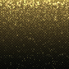 Gold glitter particles for the card, invitation. Lights effect isolated on transparent background. Graphic concept for your design.