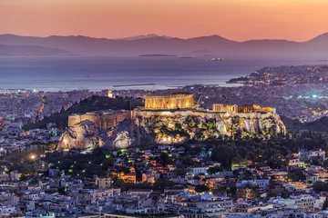 Gordijnen Stadsgezicht van Athene in de schemering © YK
