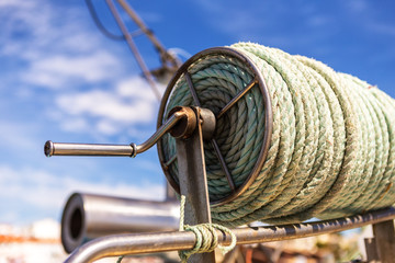 A coil of thick rope on a fishing boat. Alvor Portugal