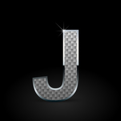 White carbon fiber letter J uppercase with chrome outline isolated on black background