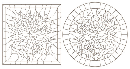 Set of contour illustrations in stained glass style for the New year and Christmas, striped candy, Holly branches and ribbons in the frame, round and square image