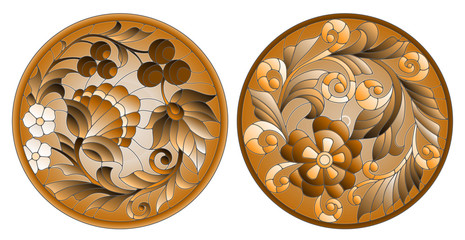 Set of illustrations in stained glass style with abstract flowers, berries and leaves, brown scale, Sepia