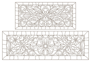 Set of contour illustrations of stained glass with dragonflies and flowers in the framework, dark contours on a white background