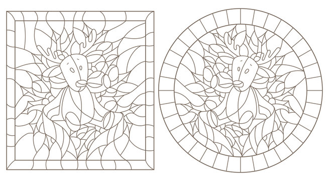 Set of contour illustrations in stained glass style for the New year and Christmas, plush moose, Holly branches and ribbons in the frame, round and square image